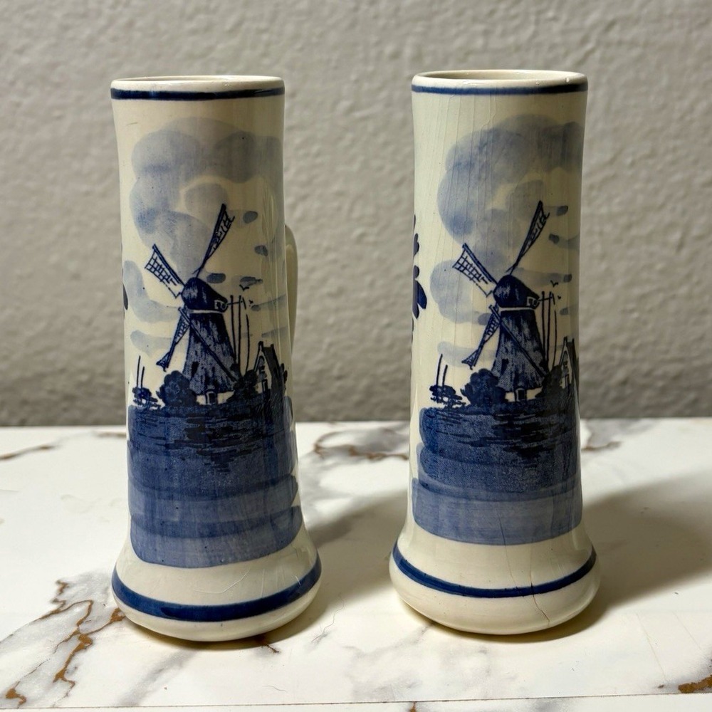 Vintage Delfts Holland Windmill Bud Vase Pair Hand Painted Blue White Dutch